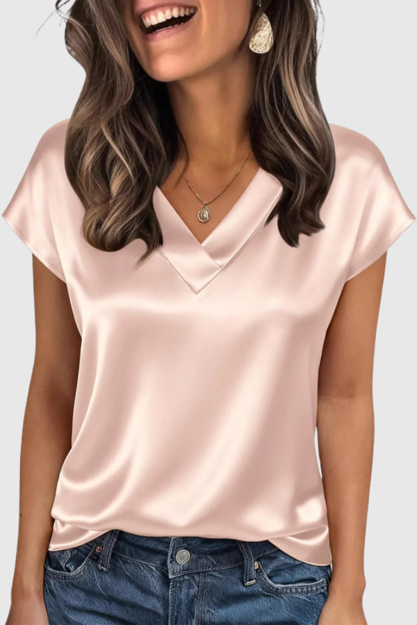 Elegant women's V-neck summer blouse, short sleeve & loose fit, perfect for casual or workwear.