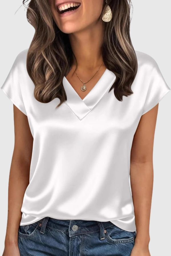 Stylish women's V-neck workwear blouse, elegant short sleeve top, loose fit for professional summer look.