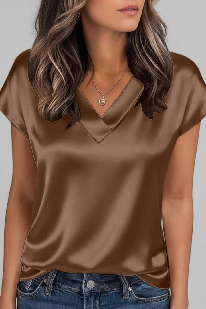 Women's elegant V-neck summer blouse with short sleeves, loose fit for casual & versatile everyday wear.