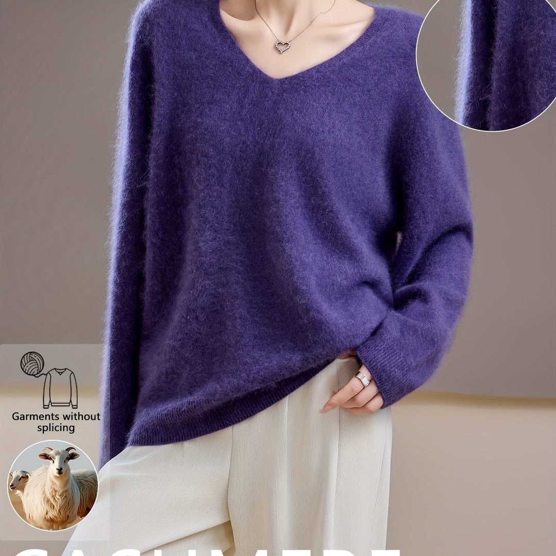 Sophisticated women's V-neck sweater, a cozy, relaxed fit top for elegant everyday wear.