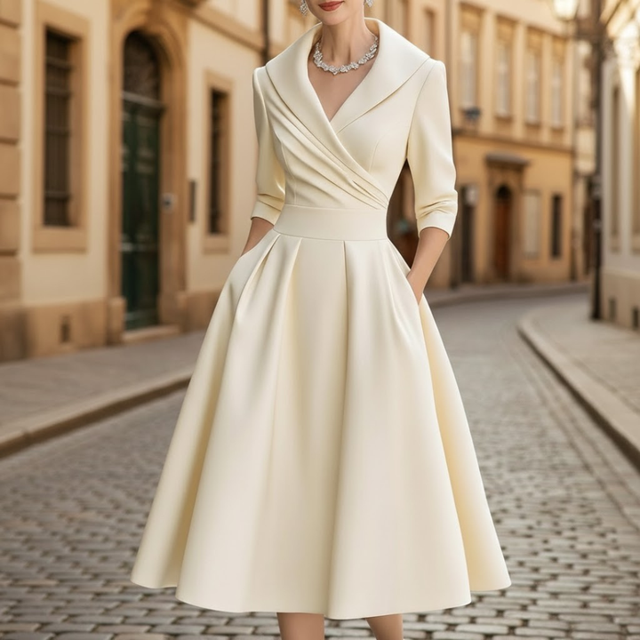 Elegant women's V-neck three-quarter sleeve midi dress with flared A-line skirt, perfect for casual or occasion wear.