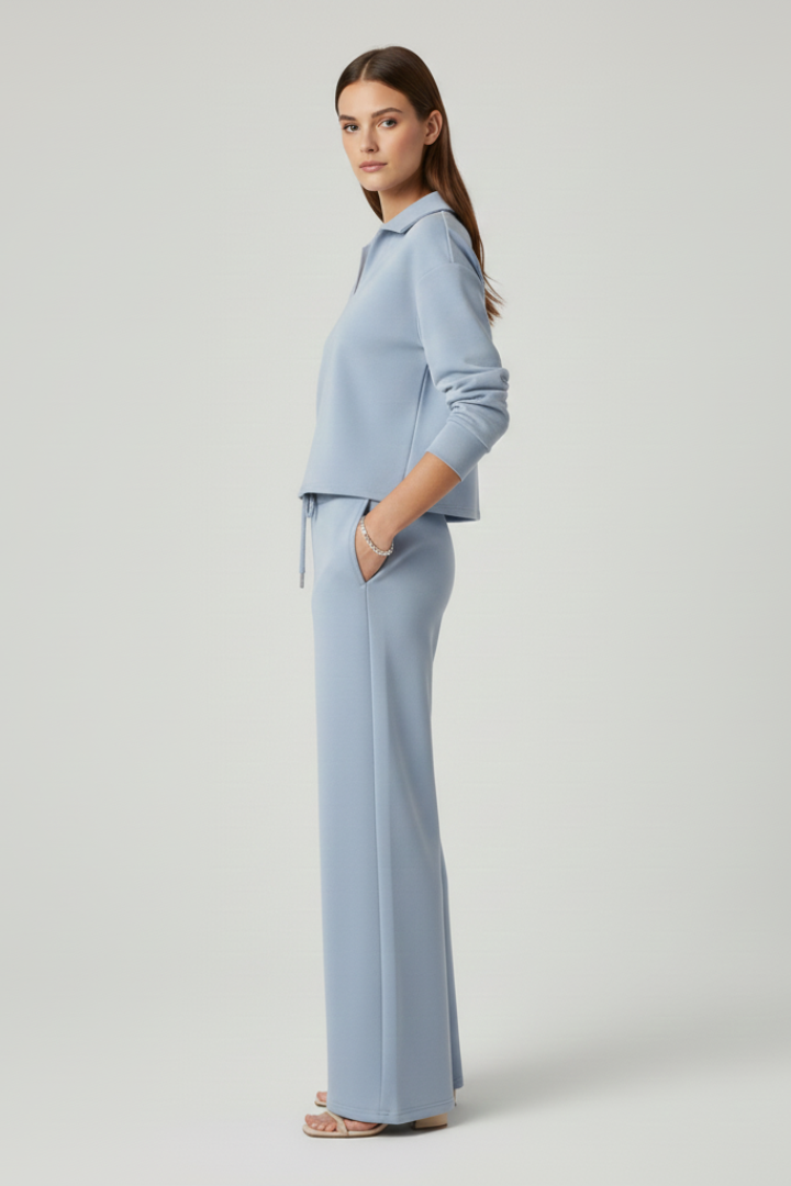 Stylish women's V-neck top and wide-leg pants two-piece set, a modern and versatile apparel choice.