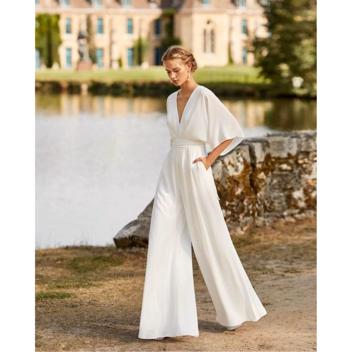 Elegant women's V-neck wide-leg jumpsuit, perfect for formal events or evening wear.