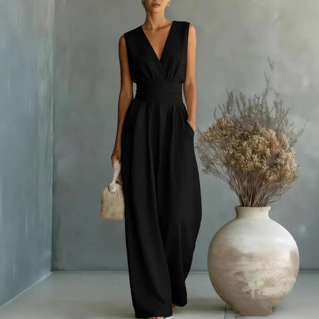 Women's elegant sleeveless jumpsuit featuring a flattering V-neckline and comfortable wide-leg silhouette.