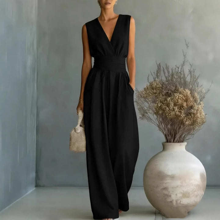 Women's elegant sleeveless jumpsuit featuring a flattering V-neckline and comfortable wide-leg silhouette.