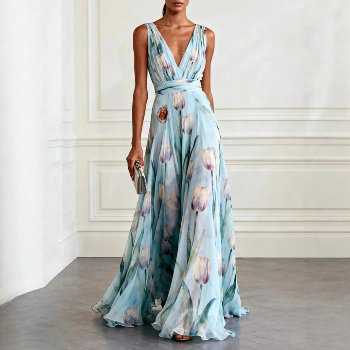 Elegant women's V-neck wrap maxi dress with a flattering tie waist, perfect for summer parties & special occasions.