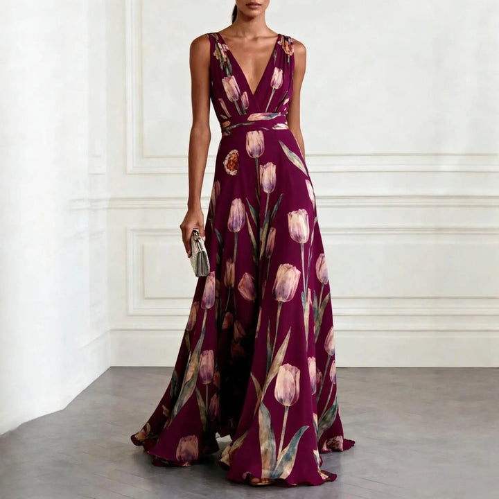 Chic women's floral V-neck wrap maxi dress, ideal for garden parties, weddings, or elegant summer events.