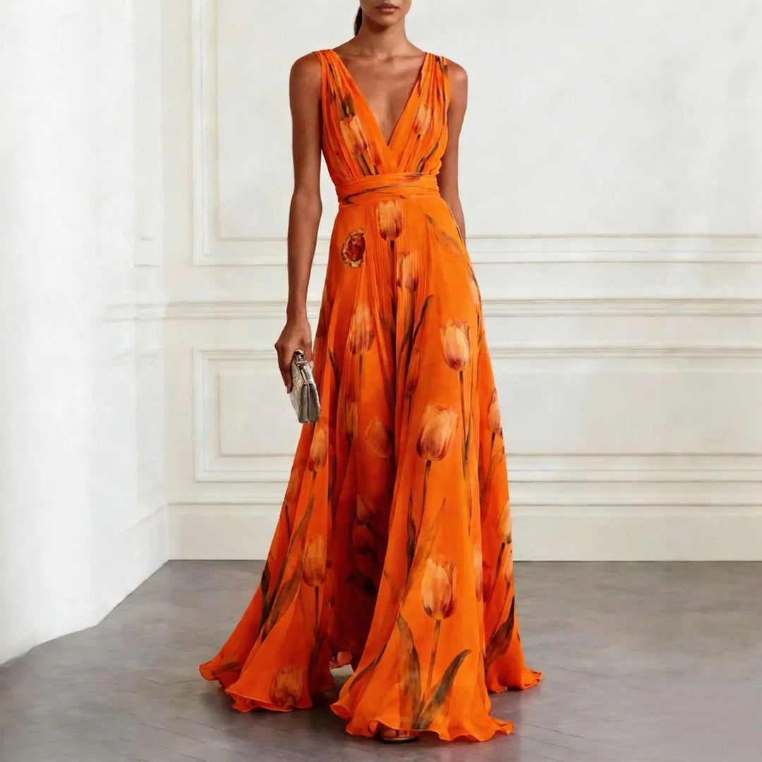 Sophisticated V-neck wrap maxi dress for women, featuring a flowing silhouette & comfortable fit.