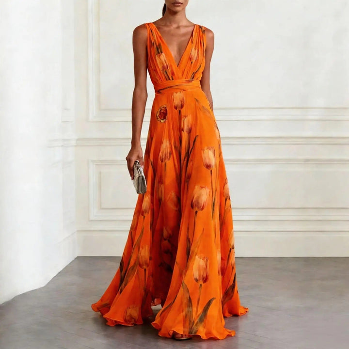 Sophisticated V-neck wrap maxi dress for women, featuring a flowing silhouette & comfortable fit.