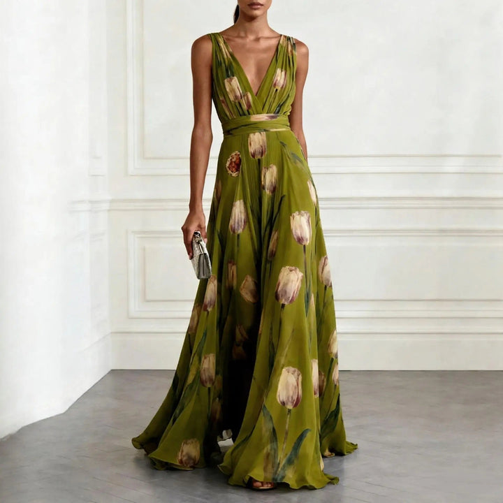 Women's elegant V-neck wrap maxi dress with a stylish tie-waist, a must-have for summer and occasion wear.