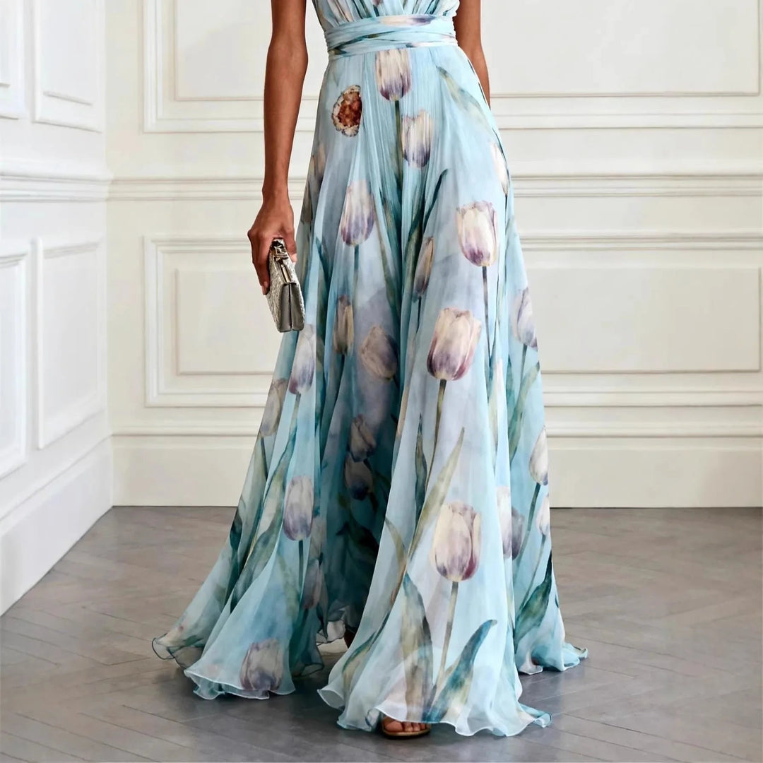 Party-ready women's V-neck wrap maxi dress, offering an elegant look for evening wear or special summer events.