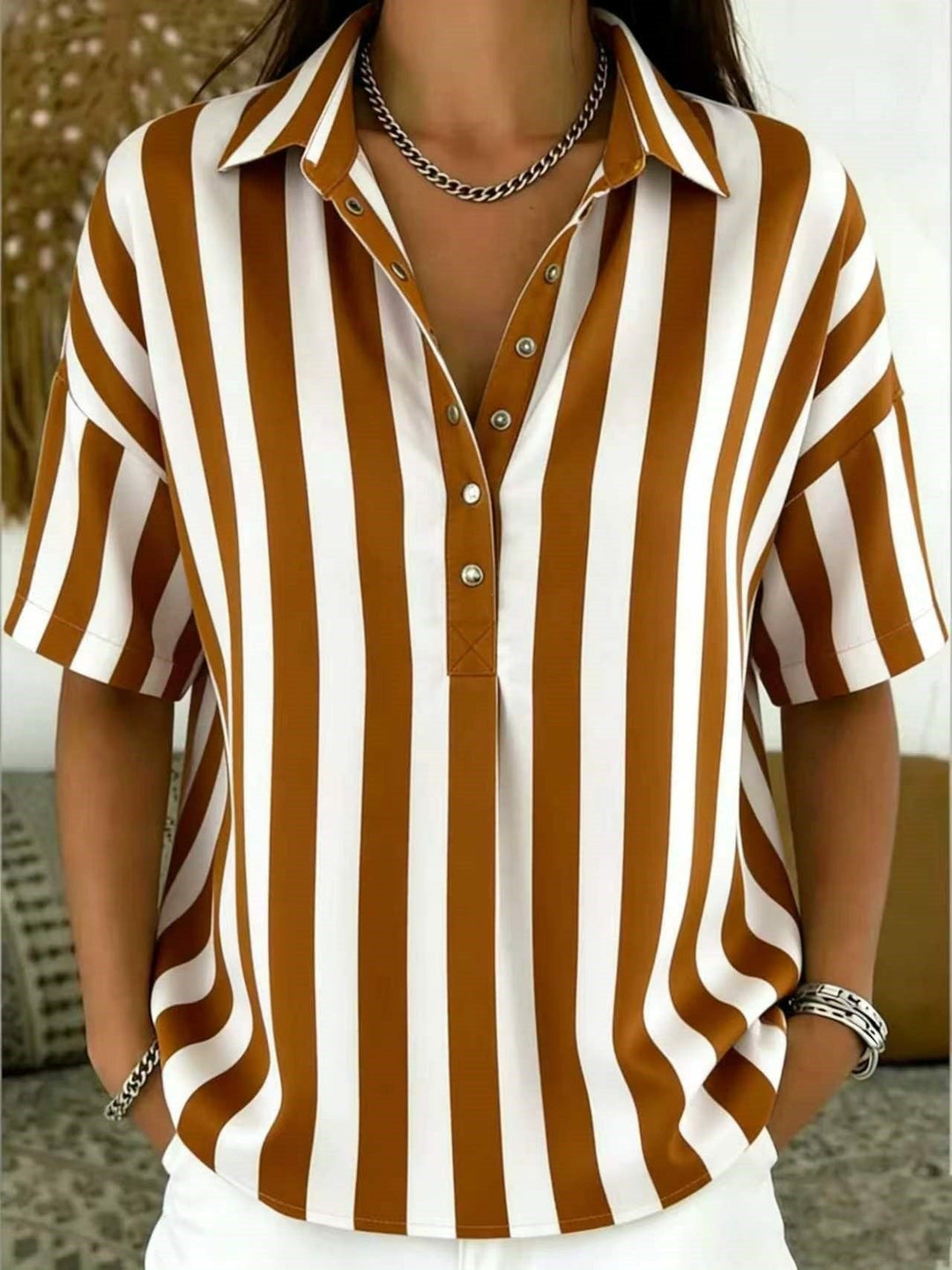 Women's short sleeve half-button blouse, elegant vertical stripes, perfect for smart casual office.