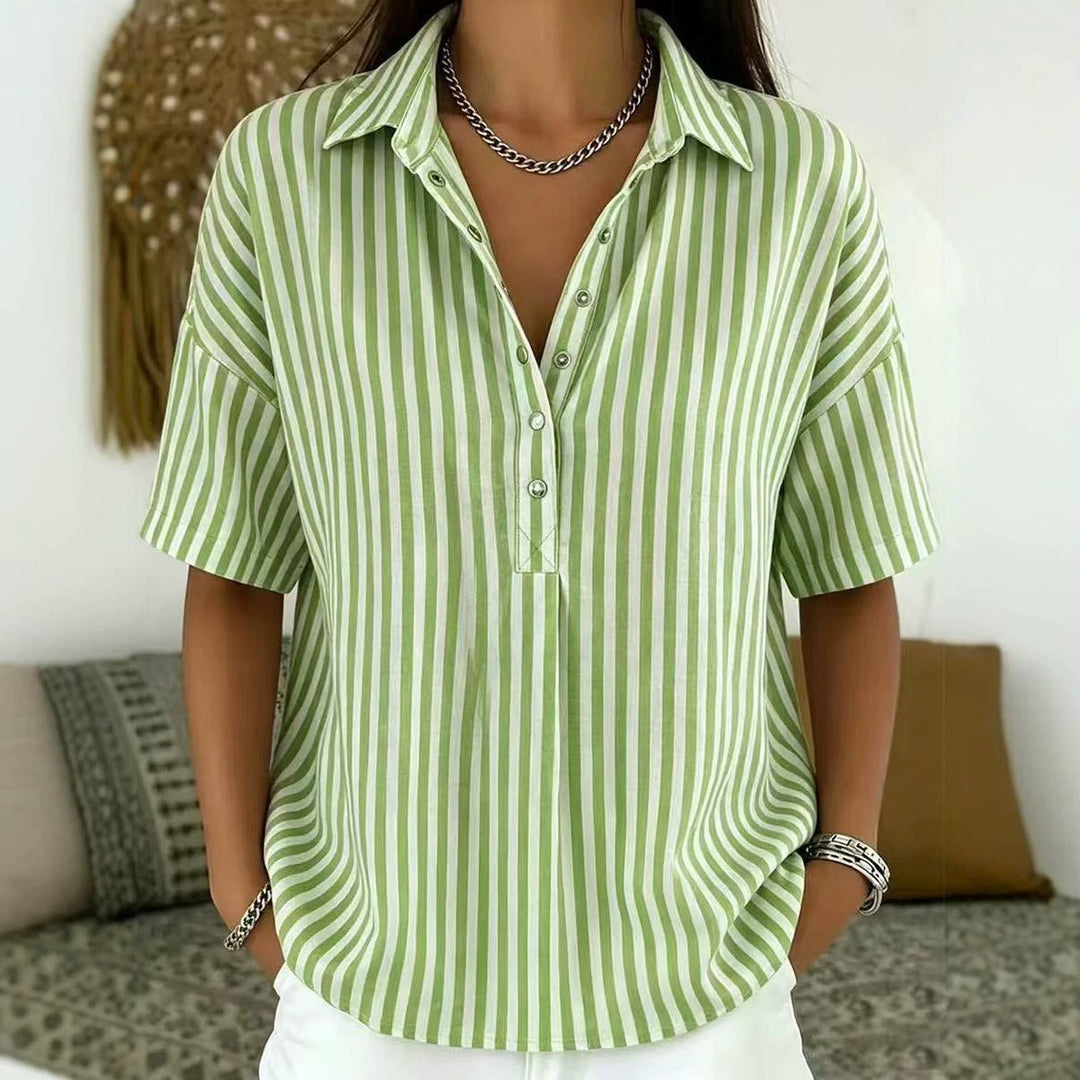 Stylish women's vertical stripe half-button short sleeve blouse, versatile for spring & summer wear.
