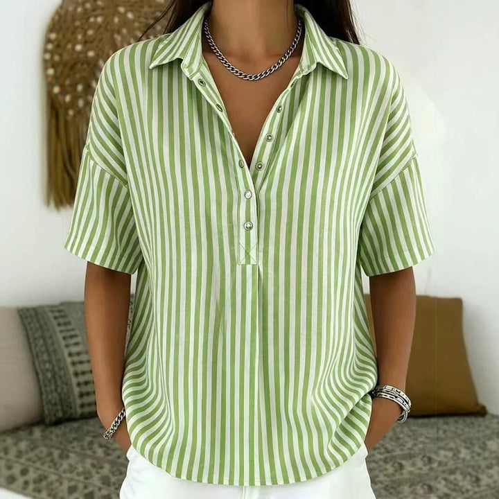Stylish women's vertical stripe half-button short sleeve blouse, versatile for spring & summer wear.