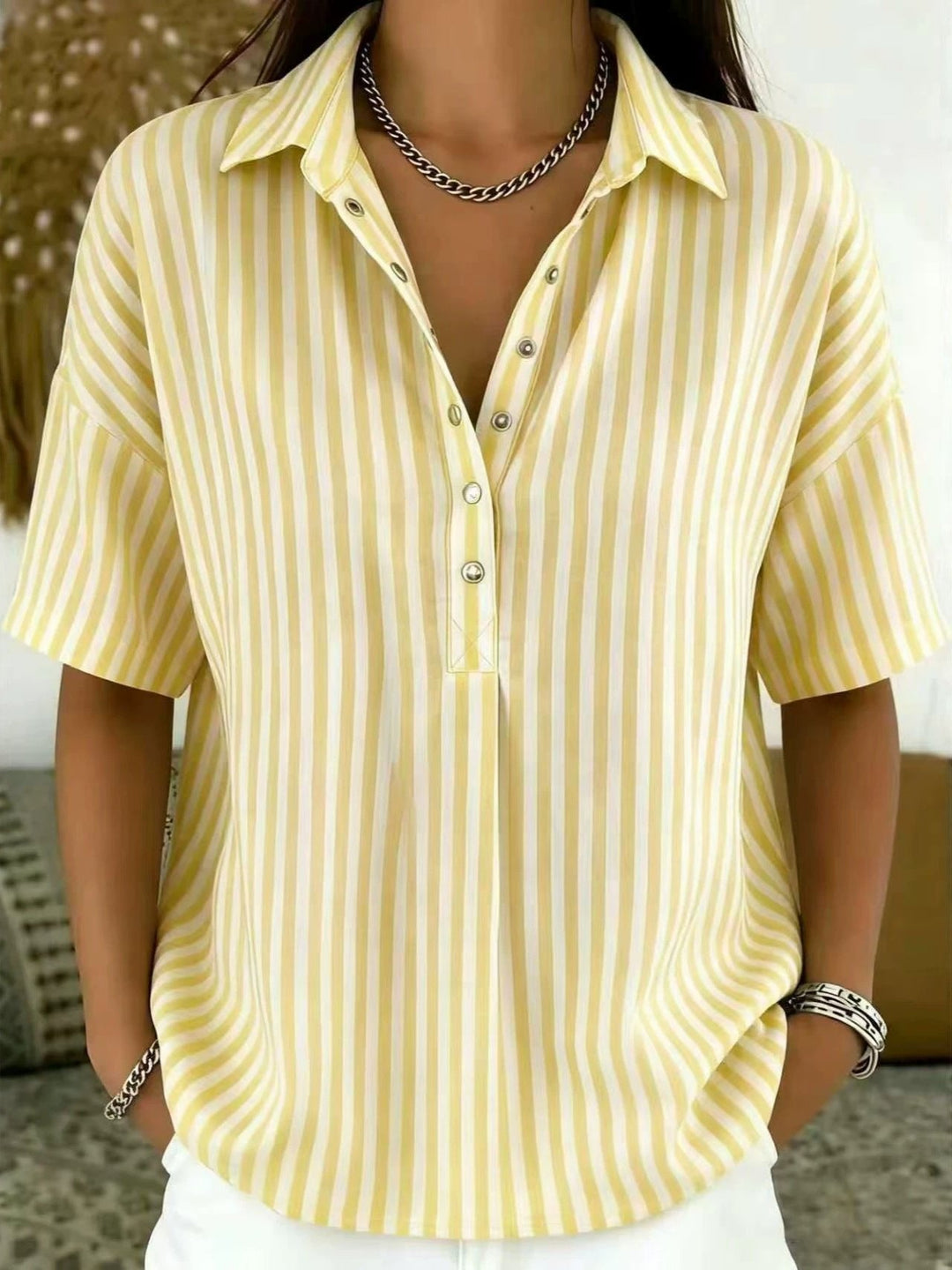 Relaxed fit women's vertical stripe half-button blouse, short sleeve, smart casual for office or daily.