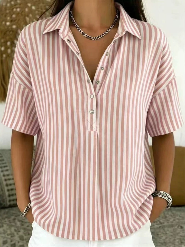 Women's smart casual vertical stripe short sleeve blouse, half-button detail, ideal for spring fashion.