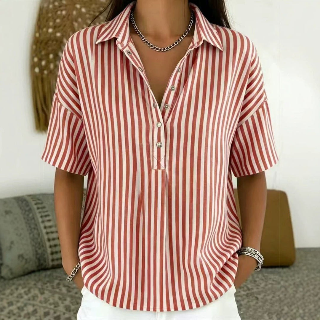 Versatile women's elegant vertical stripe half-button blouse, short sleeve, great for summer casual.