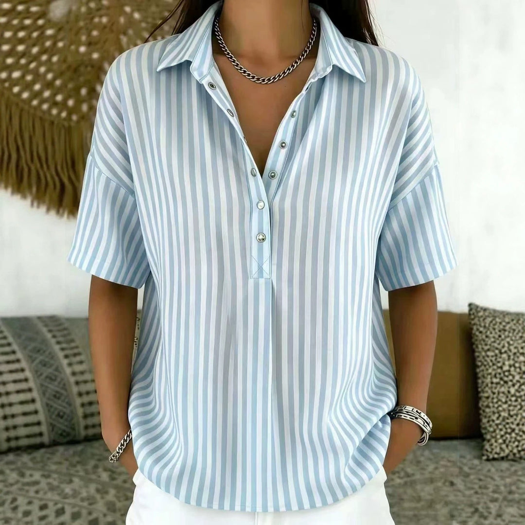 Women's vertical stripe half-button short sleeve top, a stylish relaxed fit for office or casual wear.