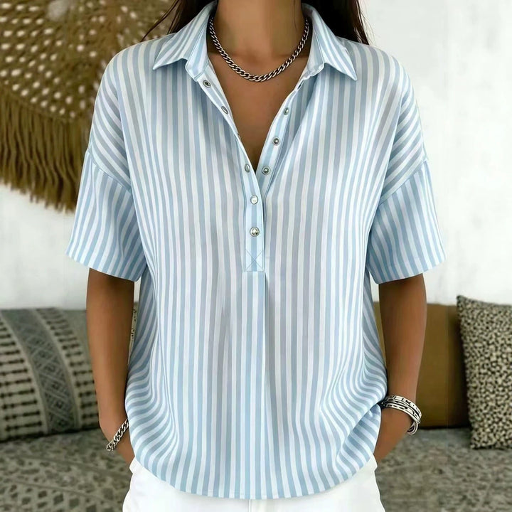 Women's vertical stripe half-button short sleeve top, a stylish relaxed fit for office or casual wear.