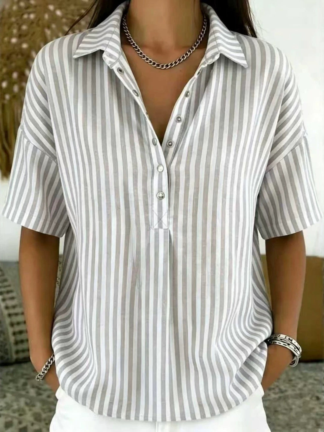 Summer elegant women's vertical stripe short sleeve half-button blouse, perfect for casual & office.