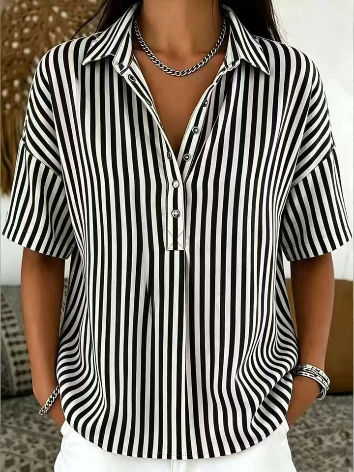 Spring fashion women's vertical stripe half-button short sleeve blouse, versatile smart casual top.