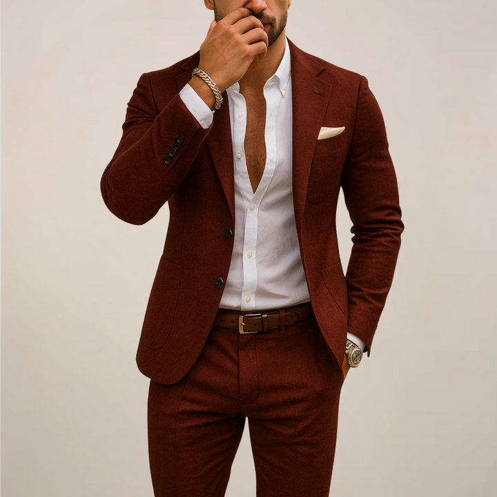 Elegant women's warm tones two-piece suit with wide-leg trousers & sleeveless top, perfect for summer parties & weddings.