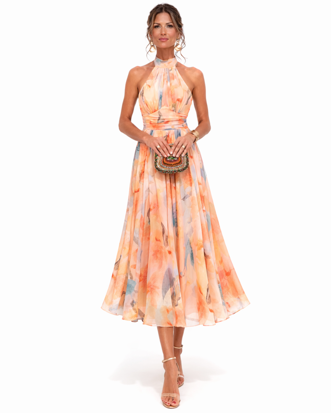 Elegant women's watercolor print halter neck maxi dress, perfect for summer events and vacation.