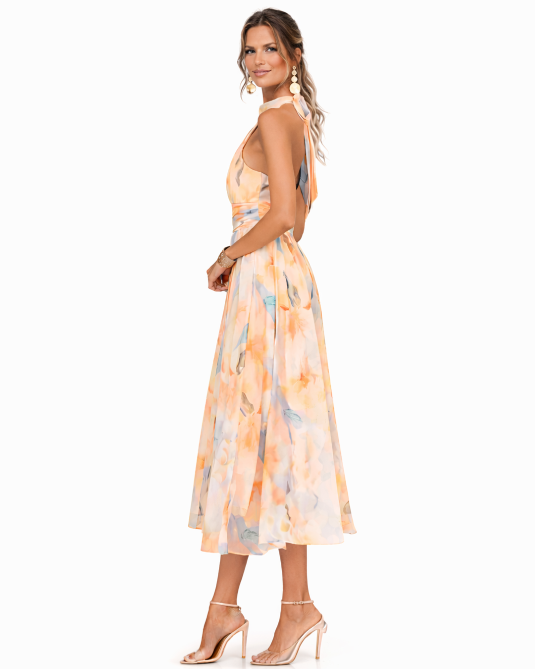 Vibrant watercolor print women's halter maxi dress, soft flowing fabric, ideal for comfortable vacation wear.