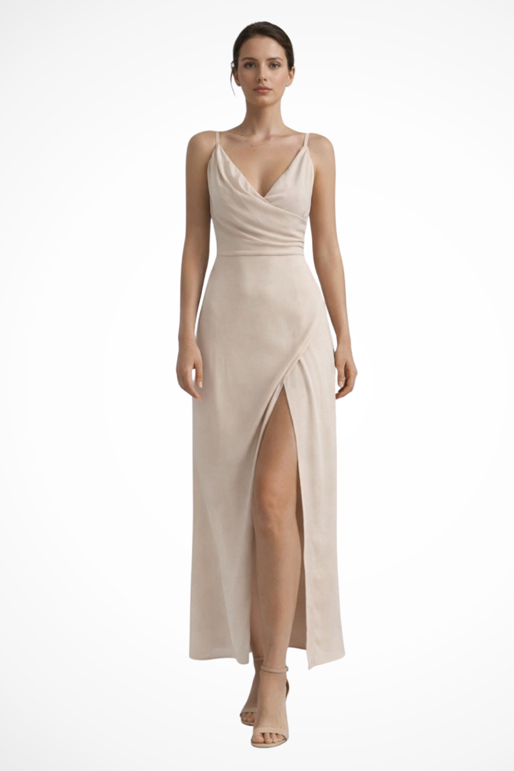 Women's formal maxi dress featuring an elegant draped bodice and a stylish high slit. Ideal for evening events.