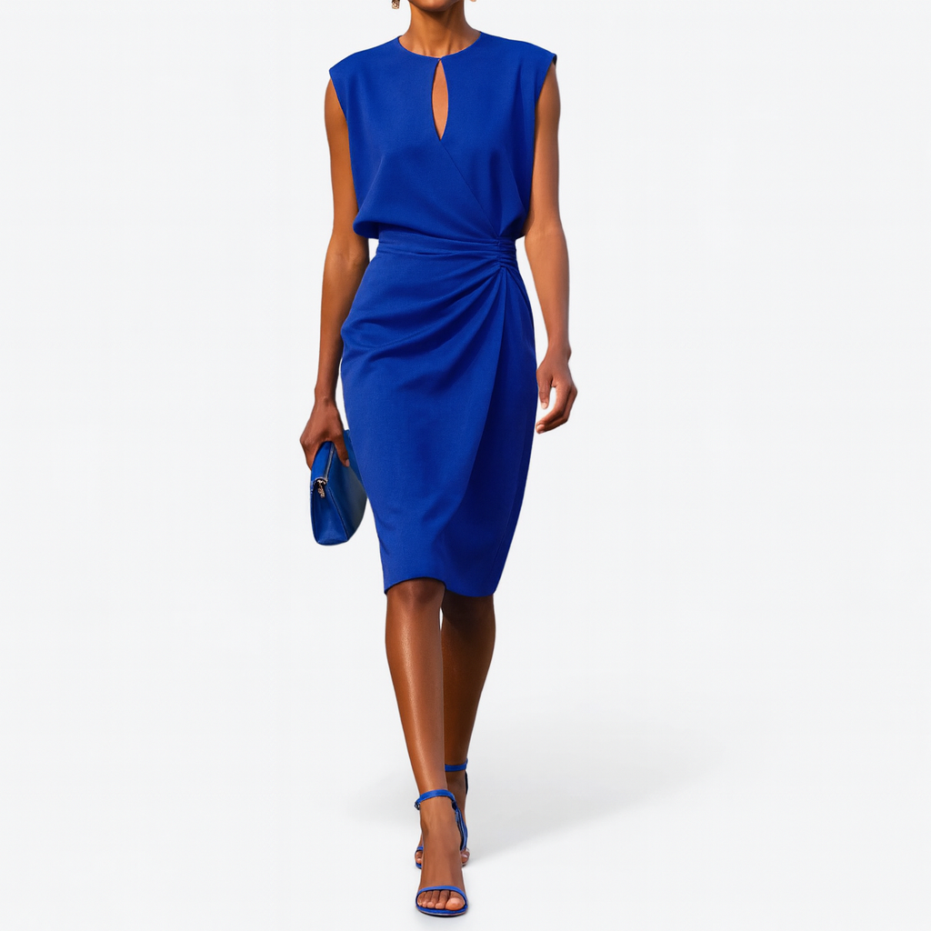 Stylish women's keyhole midi dress, ideal for wedding guests, cocktail parties & special events. Ruched waist.