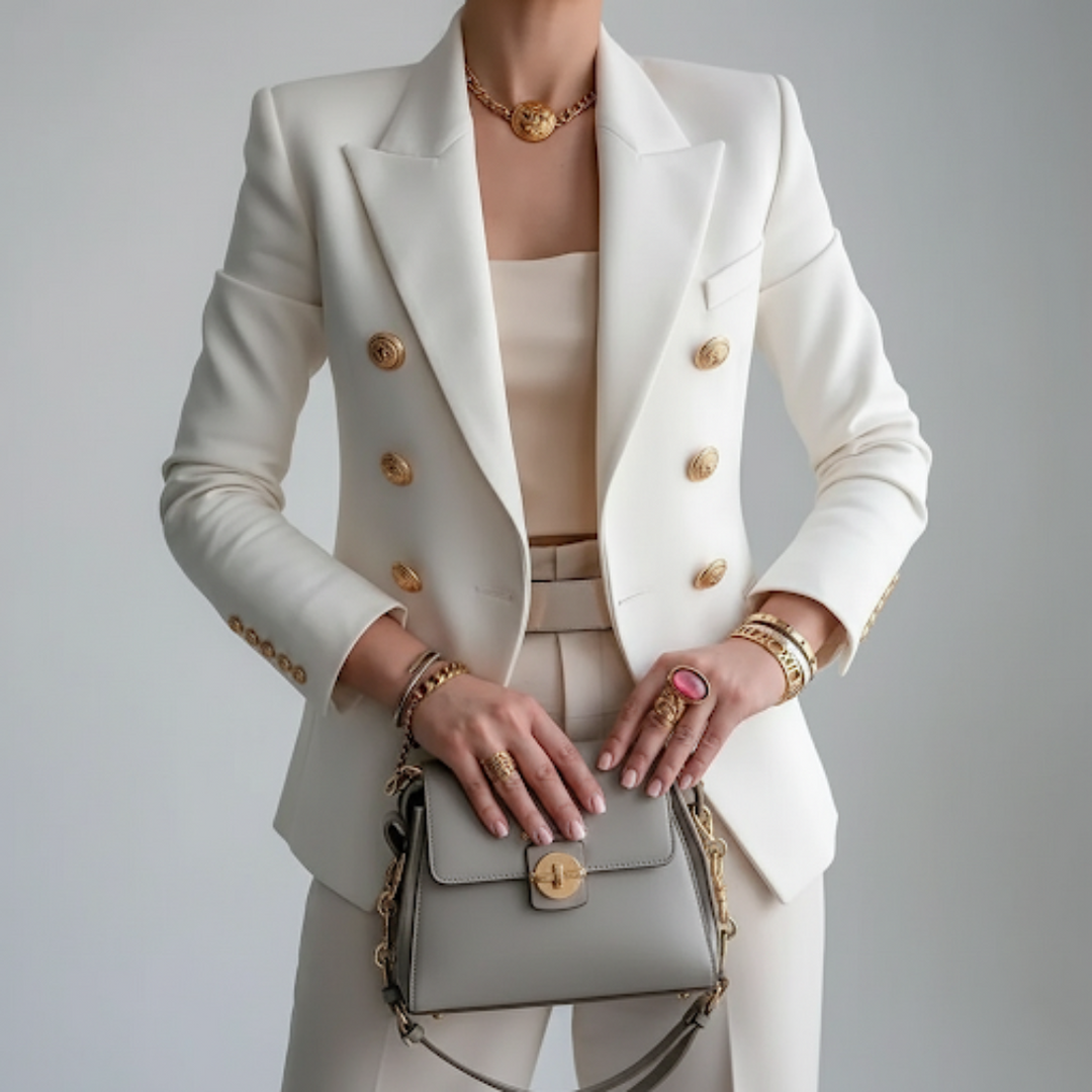 Elegant women's white double-breasted blazer with chic gold buttons. Ideal for office wear, business, and formal events.