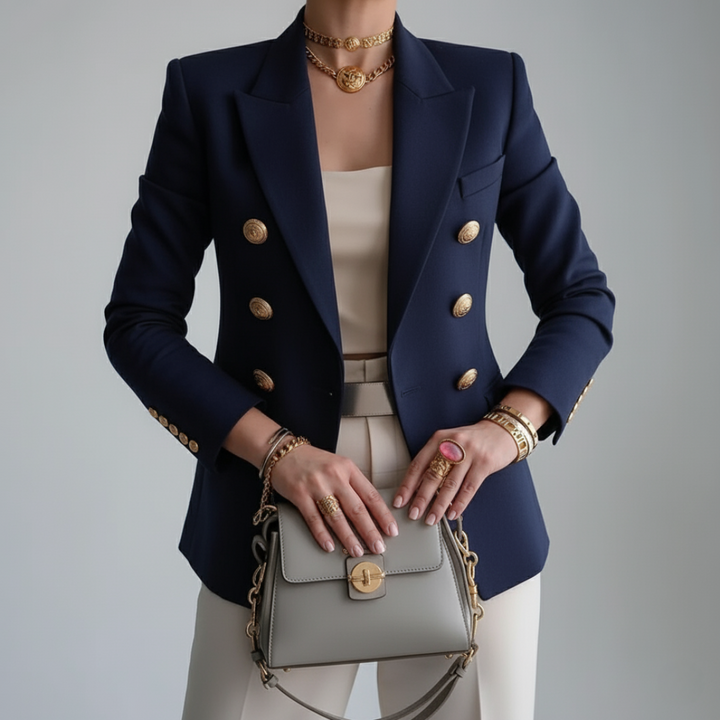 Stylish blue double-breasted women's blazer featuring gold buttons. Perfect for business attire and sophisticated looks.