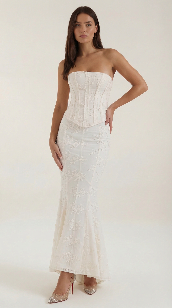 Elegant women's white strapless corset maxi dress, perfect for weddings, bridal events, or formal evening parties.