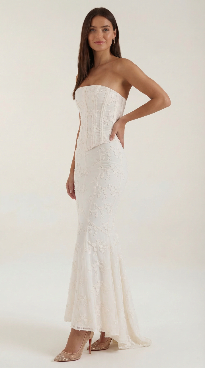 Women's strapless white corset mermaid maxi dress, floor-length & elegant for special occasion or formal events.