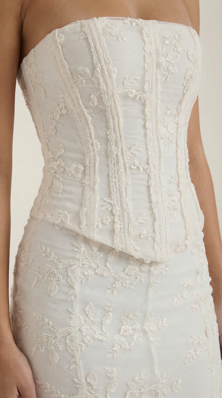 Bridal white strapless corset maxi dress for women, an elegant floor-length gown for weddings & formal evenings.