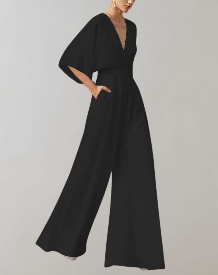 Classic women's wide leg evening jumpsuit, sophisticated party wear for special occasions.