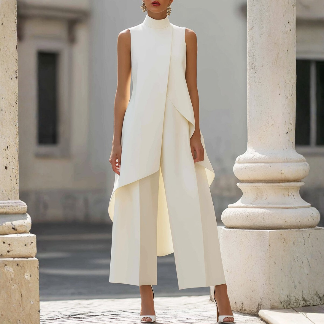 Elegant women's wide-leg jumpsuit with a flattering drop waist, perfect for formal events.