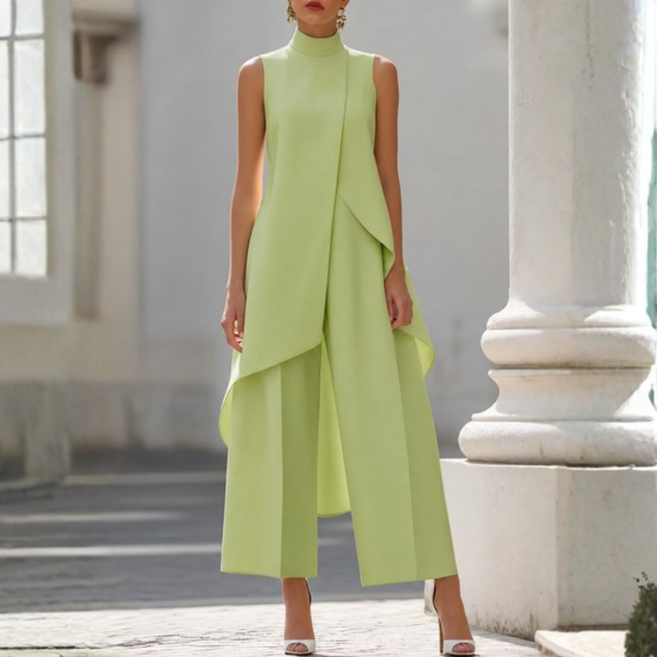Sophisticated women's wide-leg jumpsuit with high neck, sleeveless cut, and elegant drop waist.