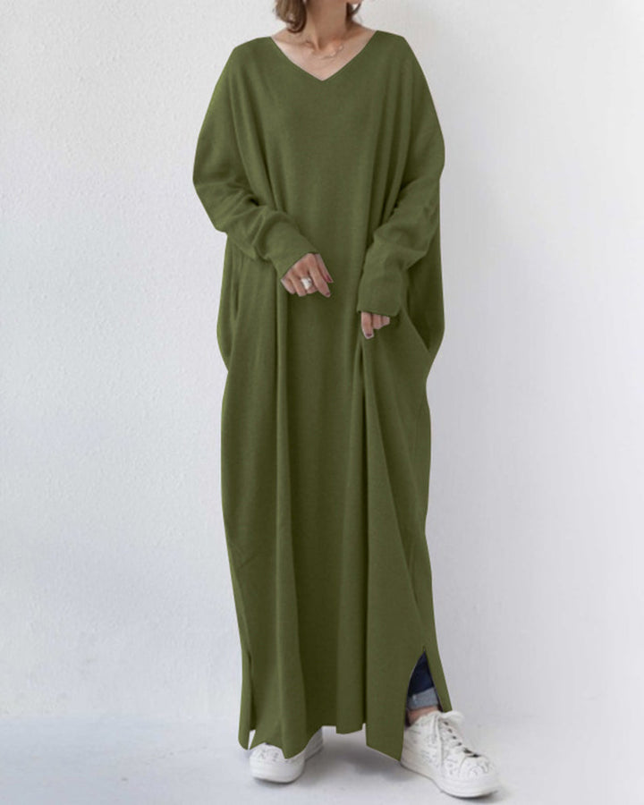 Black long sleeve flowy maxi dress for women, perfect for elegant winter fashion and special occasions.