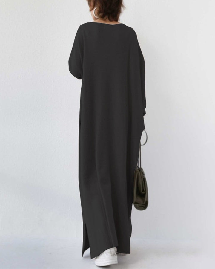 Versatile women's long sleeve maxi dress for winter; elegant, flowy design for casual or evening wear.