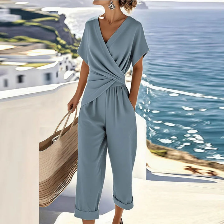 Chic women's 2-piece wrap cropped jumpsuit, ideal for stylish spring & summer relaxed fit outfits.