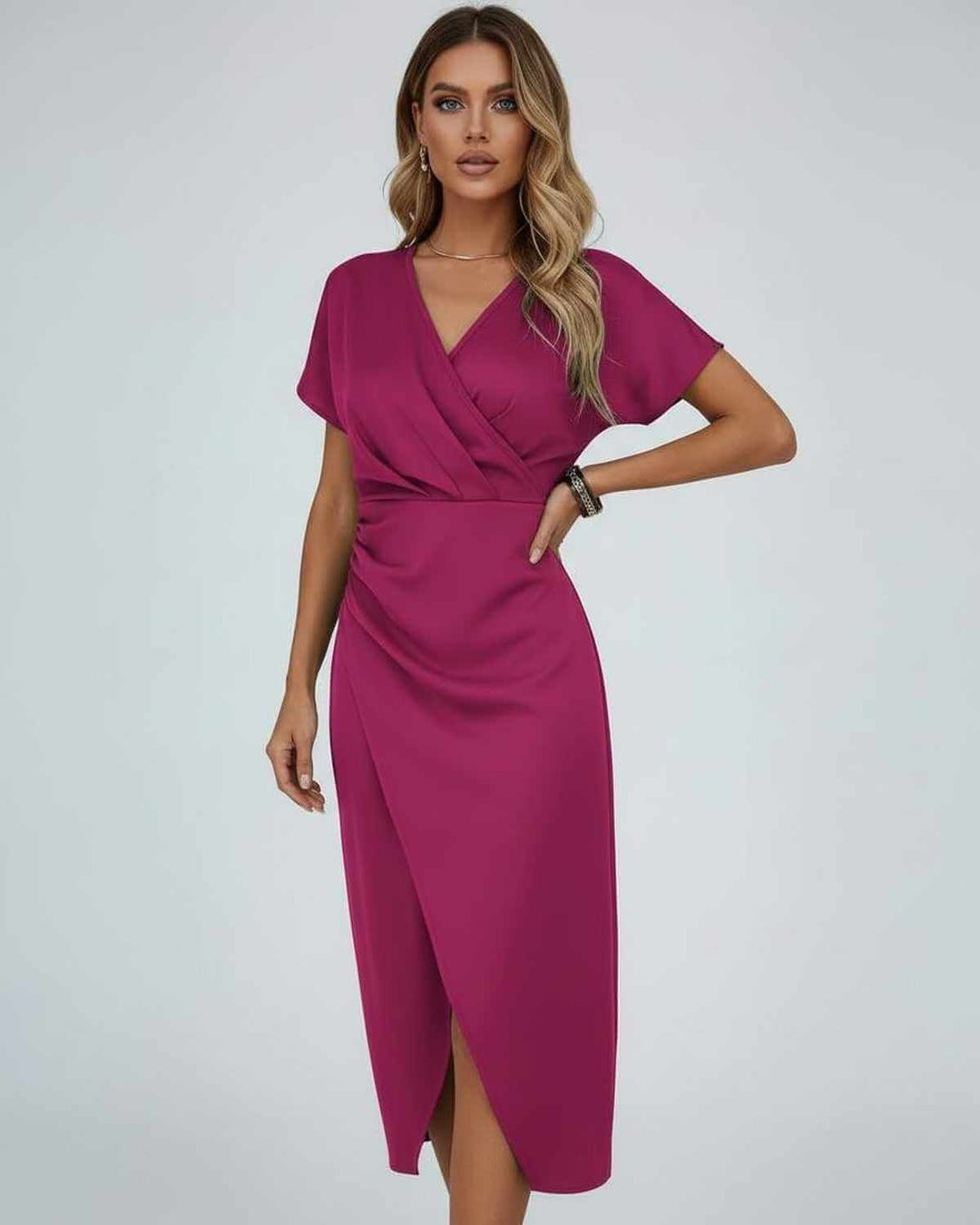 Elegant women's wrap midi dress with a flattering fit & stylish split hem. Perfect for day or evening wear.
