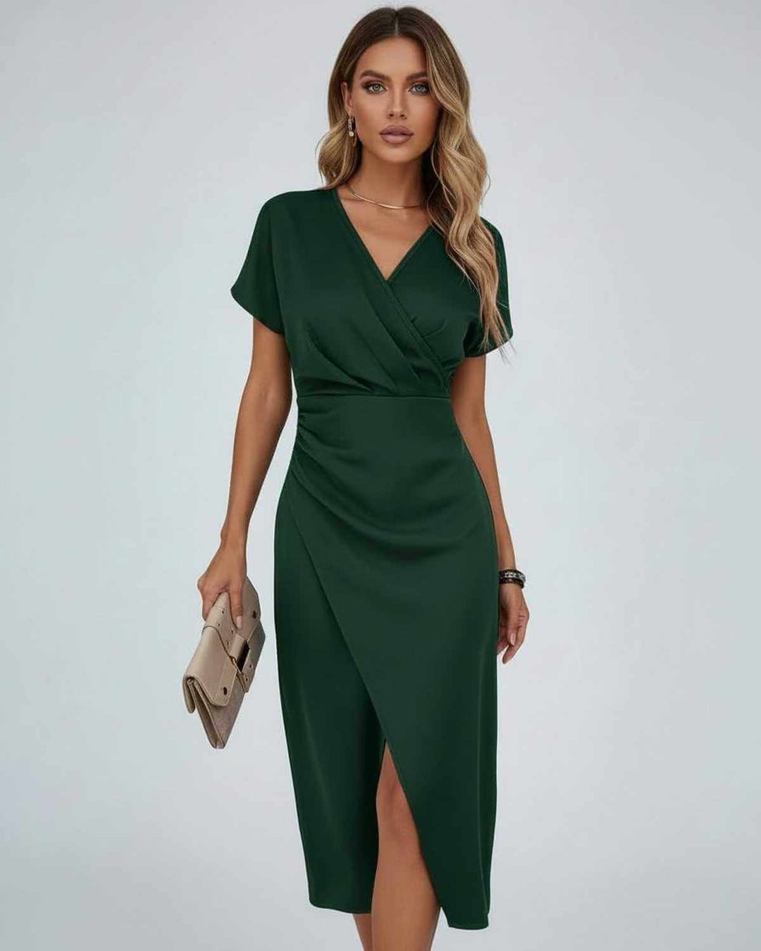 Versatile short-sleeve women's midi wrap dress, featuring a flattering silhouette & chic split hem detail.