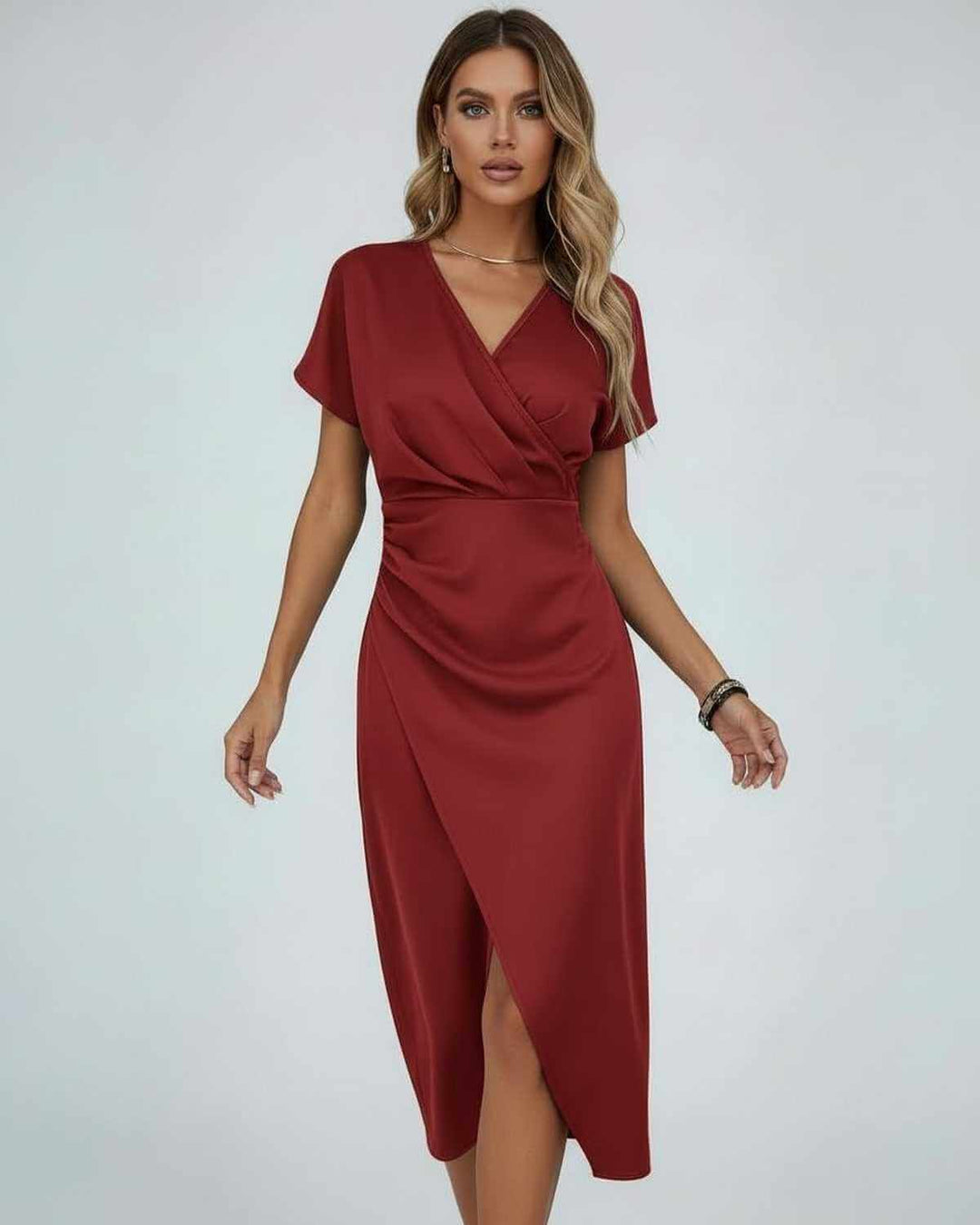 Flattering women's midi wrap dress with a graceful split hem, ideal as an elegant day or evening dress.