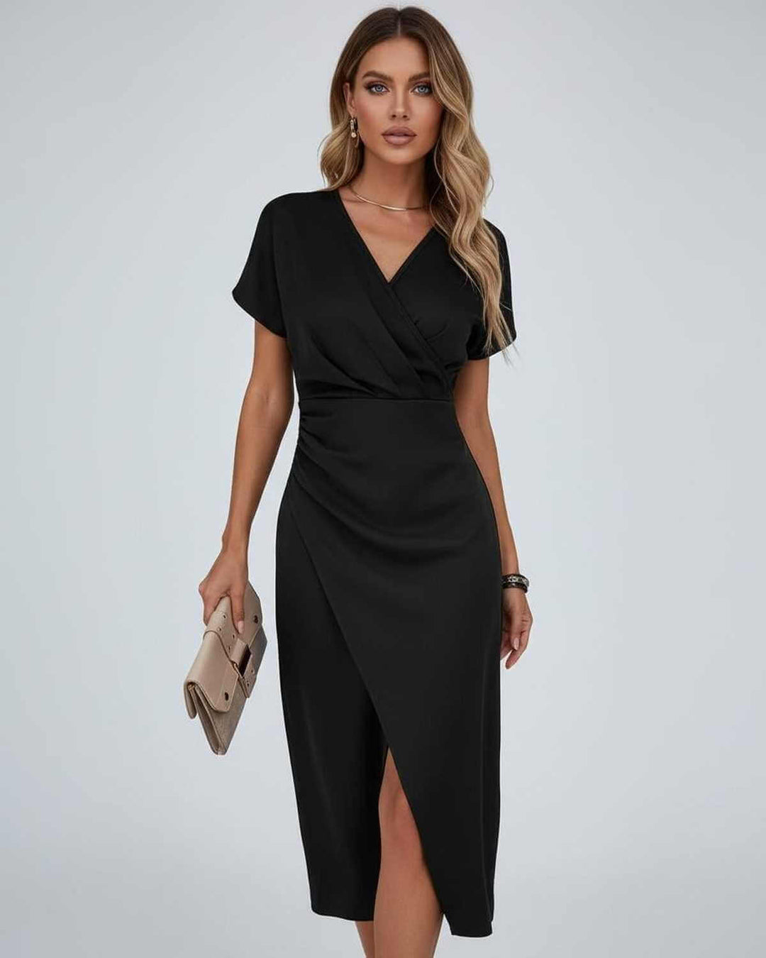 Women's short-sleeve midi wrap dress, designed for a flattering look with an elegant split hem.