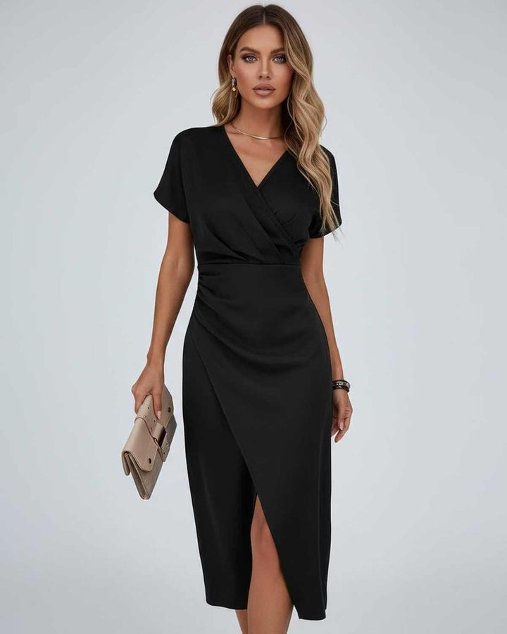 Women's short-sleeve midi wrap dress, designed for a flattering look with an elegant split hem.
