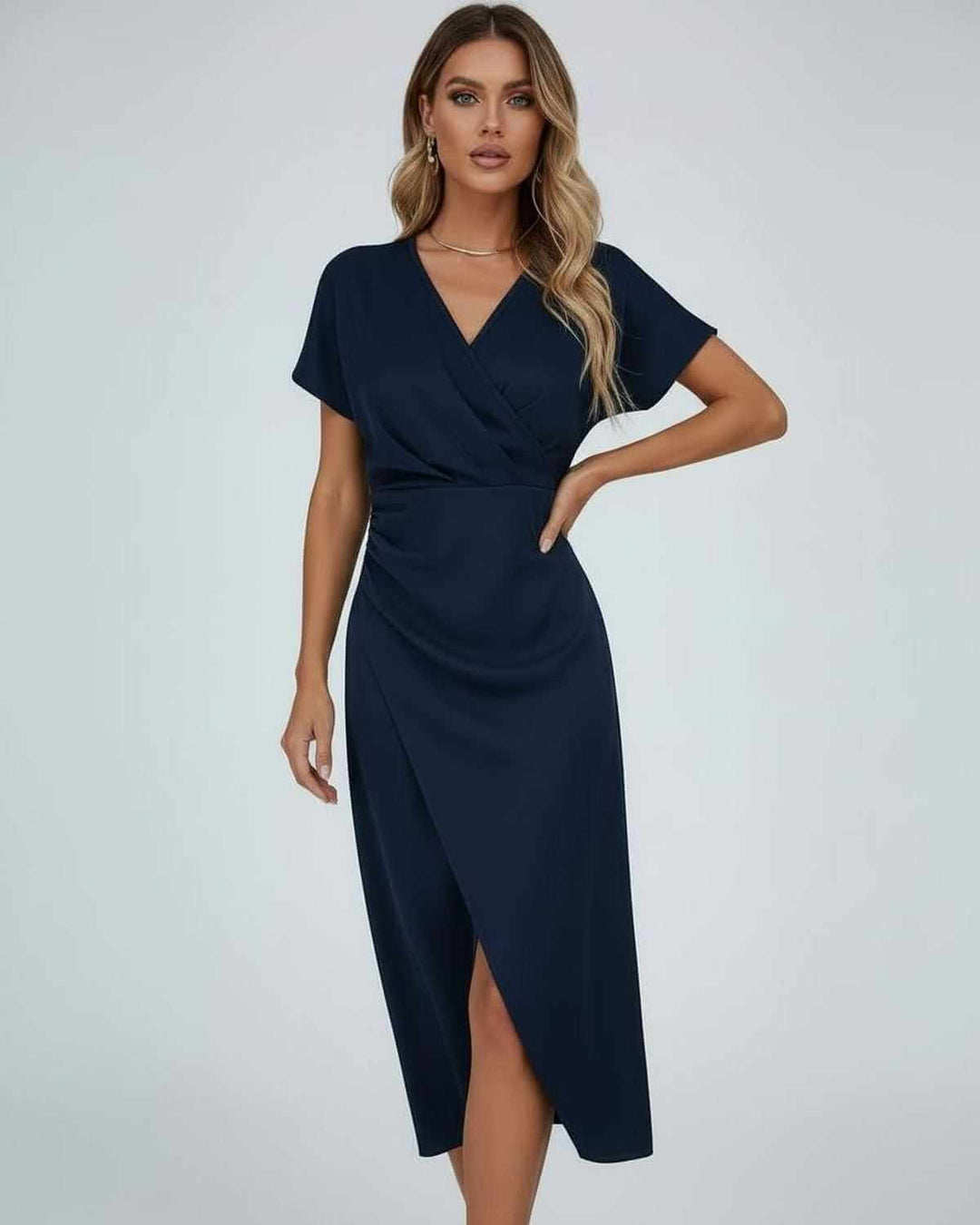 Stylish & versatile women's wrap midi dress with a flattering fit & trendy split hem for all occasions.