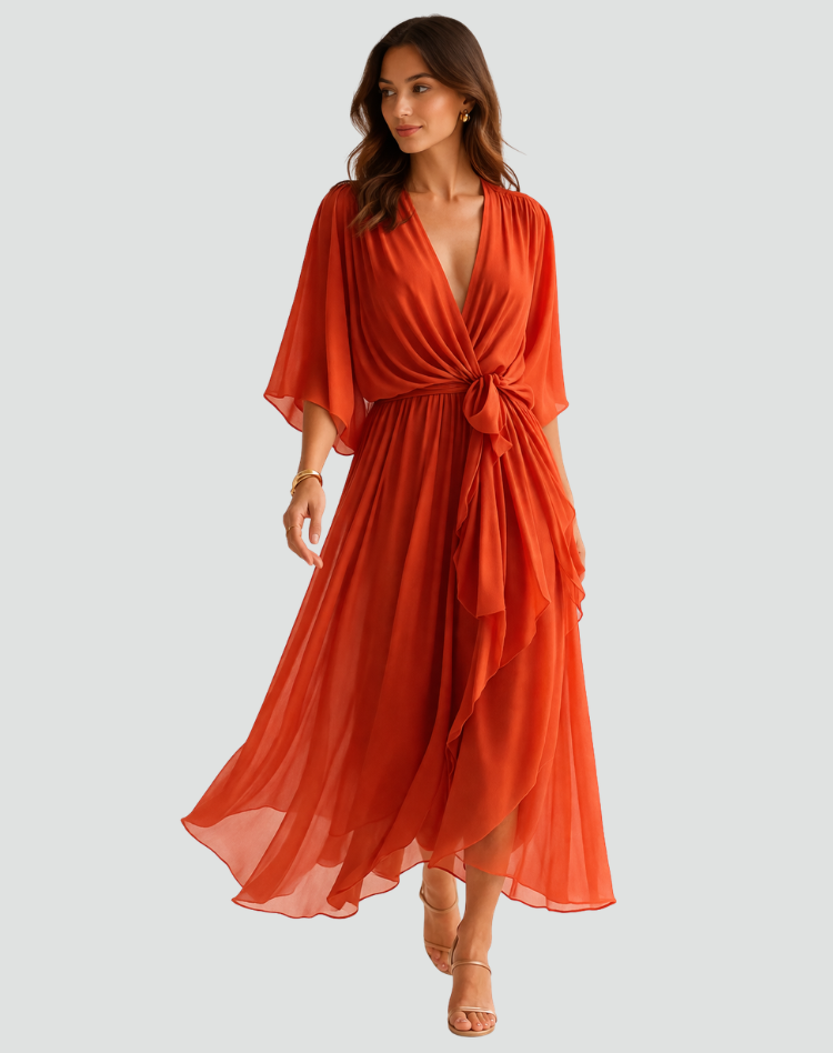 Elegant women's wrap neckline midi dress for special occasions. Tie waist, V-neck.