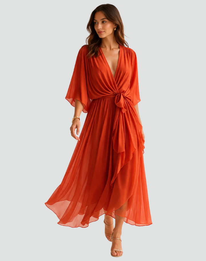 Elegant women's wrap neckline midi dress for special occasions. Tie waist, V-neck.