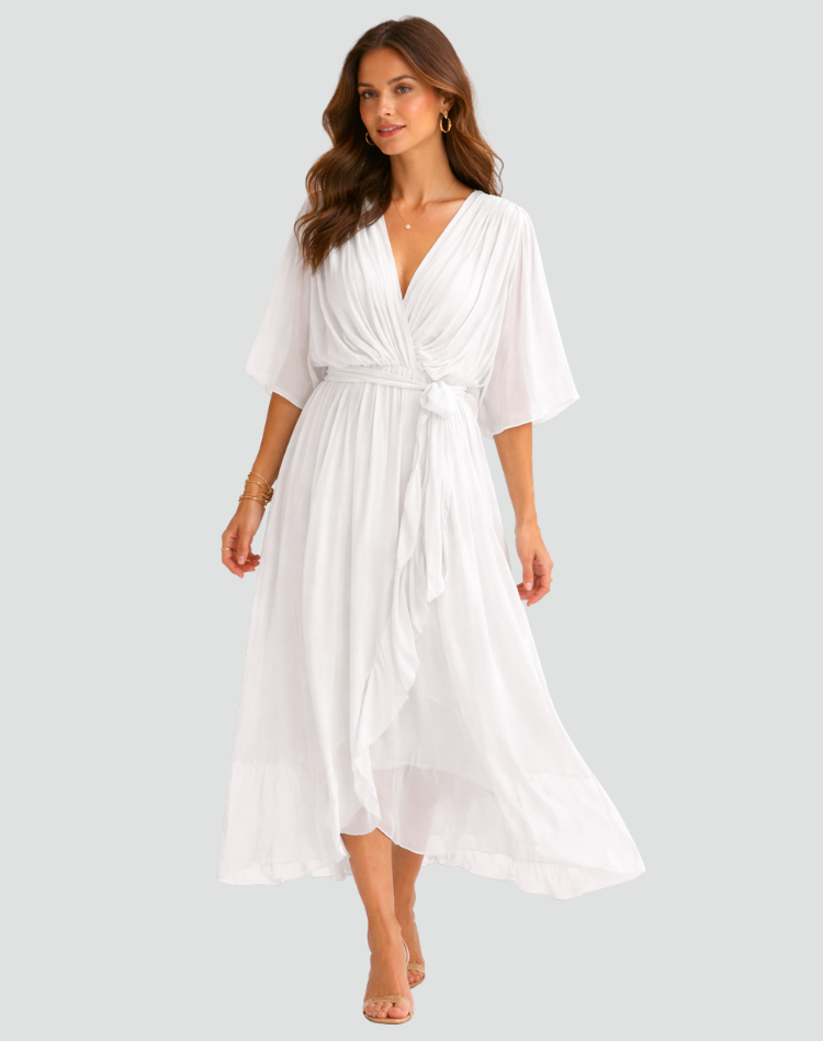 Trendy women's elegant wrap midi dress. A stylish V-neck & tie waist for modern formal fashion.